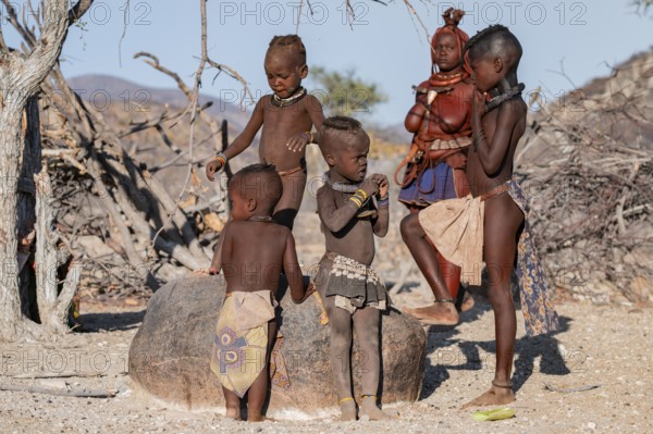 Himba children and woman, traditional Himba village, Kaokoveld, Kunene, Namibia