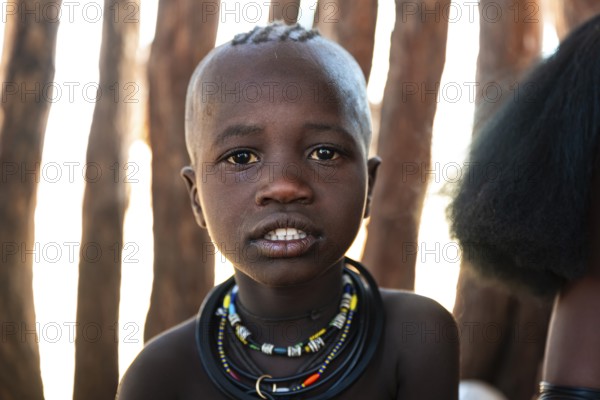 Portrait, curious Himba child, traditional Himba village, Kaokoveld, Kunene, Namibia