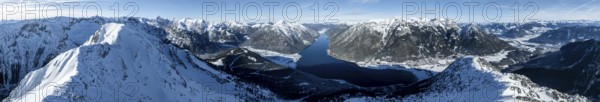 Aerial view, epic view of mountain landscape with snow in winter, summit of Bärenkopf, Achensee, Tyrol, Austria