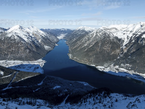 Epic view of mountain landscape with snow in winter, Achensee, Tyrol, Austria