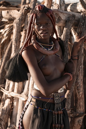Young Himba woman with jewelry, portrait, traditional Himba village, Kaokoveld, Kunene, Namibia