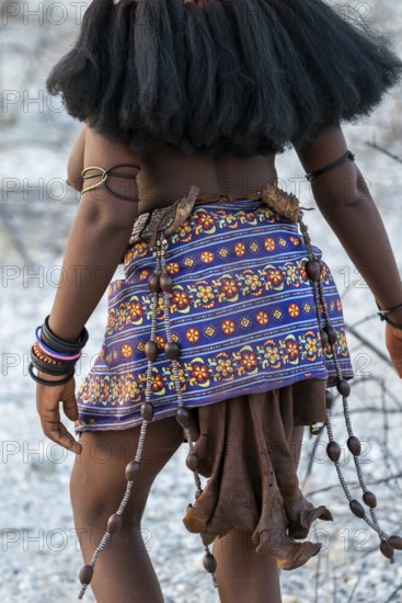 Detail, jewelry and clothing, Himba woman, traditional Himba village, Kaokoveld, Kunene, Namibia