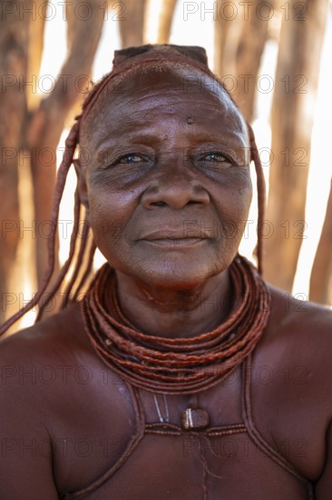 Elderly Himba woman, portrait, traditional Himba village, Kaokoveld, Kunene, Namibia