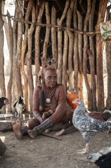 Elderly Himba woman sitting in front of hut, traditional Himba village, Kaokoveld, Kunene, Namibia