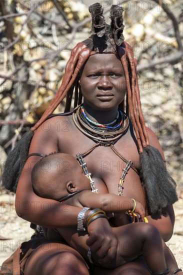 Himba woman with baby, portrait, traditional Himba village, Kaokoveld, Kunene, Namibia