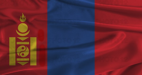 Flag of Mongolia with fabric textured background. Close up of National flag of Mongolia with realistic texture