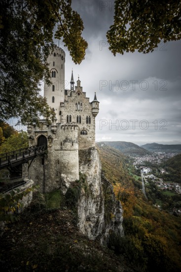 Castle and dark mystical atmosphere, Lichtenstein Castle, Honau, Echaz Valley, Swabian Jura, Baden-Württemberg, Germany