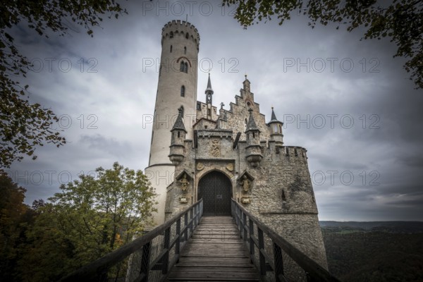 Castle and dark mystical atmosphere, Lichtenstein Castle, Honau, Echaz Valley, Swabian Jura, Baden-Württemberg, Germany