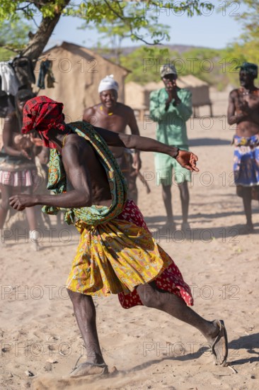 Traditional dance, men from the Hakaona tribe dance, also Havakona or Hakawona, near Opuwo, Kunene, Namibia