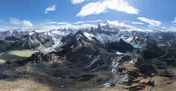 Aerial view, epic panorama, large glaciers, glacial lakes Lago de los Tres Laguna Sucia and Laguna Torre, mountains and peaks of Monte Fitz Roy and Cerro Torre, Fitz Roy mountain range, Cerro Chalten, Los Glaciares National Park, Patagonia, Santa Cruz Province, Argentina