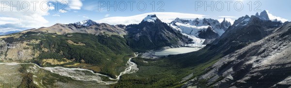 Aerial View, Epic Panorama, Glaciar Torre Glacier Lake Laguna Torre, Mountains and Peaks of Monte Fitz Roy and Cerro Torre, Fitz Roy Mountain Range, Cerro Chalten, Los Glaciares National Park, Patagonia, Santa Cruz Province, Argentina