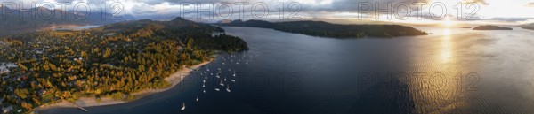 Sailing boats in the lake, panorama, aerial view near San Carlos de Bariloche, Nahuel Huapi Lake, Península San Pedro, Río Negro Province, Argentina