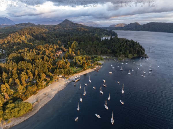 Sailboats in the lake, aerial view near San Carlos de Bariloche, Nahuel Huapi Lake, Península San Pedro, Río Negro Province, Argentina