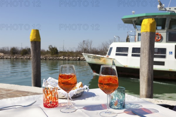 Aperitiv Spritz Aperol, Mazzorbo with Vaporetto, Venice, Veneto, Italy