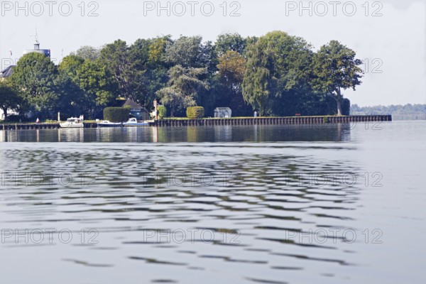 Tranquil landscape (Wilhelmstein Island) on the lakeshore with a dense row of trees and boats on slightly rippled water, Steinhude, Steinhuder Meer