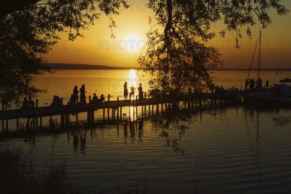 Sunset behind trees with silhouettes of people at pier, quiet landscape, Steinhude, Steinhuder Meer