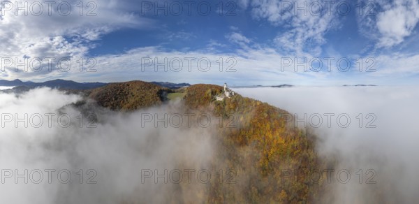 Aerial view of Araburg with autumn forest and fog, Kaumberg, Lower Austria, Austria
