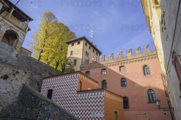 Colourfully painted house in the old town, Castell'Arquato, Piacenza province, Italy