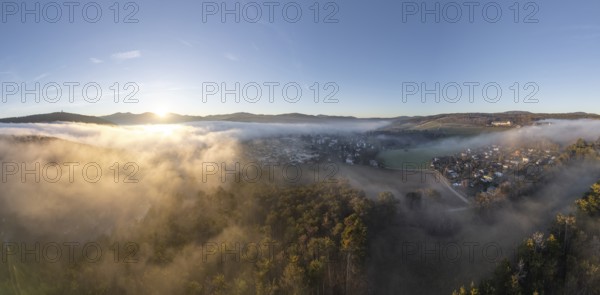Aerial view of fog over the city, Berndorf, Lower Austria, Austria
