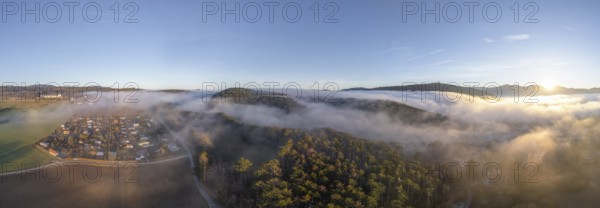 Aerial view of fog over allotment garden settlement and forest, Berndorf, Lower Austria, Austria