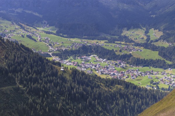 Panorama from the Fellhorn mountain trail, 2037 m, to Söllereck, 1706 m, to Mittelberg in Kleinwalsertal, Allgäu, Vorarlberg, Austria