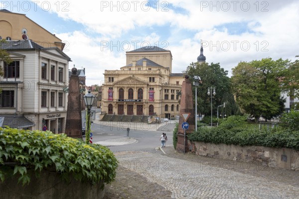 View of the classical theatre in Altenburg from Schlossberg, Thuringia, Germany