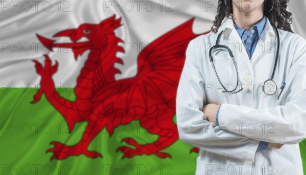 Medical professional on Wales flag. Healthcare and wellness in Wales, Concept