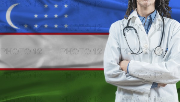 Medical professional on Uzbekistan flag. Healthcare and wellness in Uzbekistan, Concept