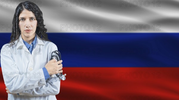 Russian national health system, Medical professional on Russia flag background