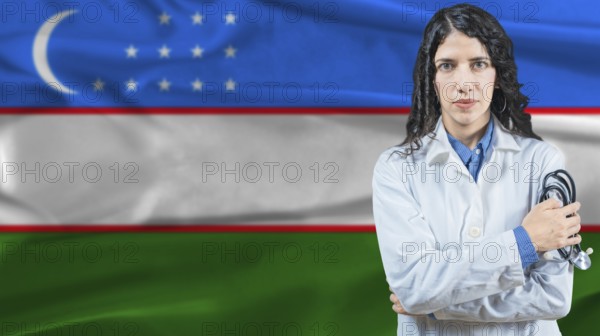 Uzbek national health system, Medical professional on Uzbekistan flag background