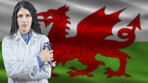 Welsh national health system, Medical professional on Wales flag background