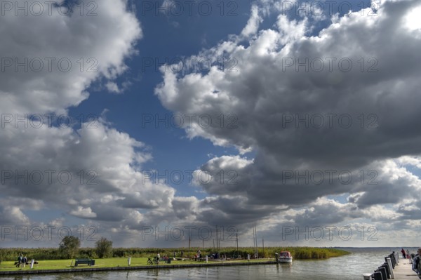 Rain clouds (Nimbostratus) over the harbour of Ahrenshoop, Darß, Mecklenburg-Vorpommern, Germany