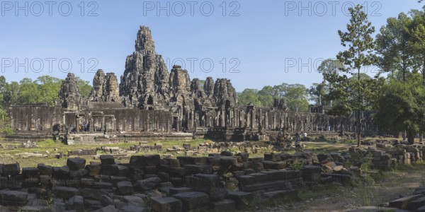 Panoramic picture of the south side of Bayon Temple, with huge stone-carved faces of Bodhisattva Lokeshvara, also Avalokiteshvara, Angkor Thom, UNESCO World Heritage Site, Angkor Wat, Siem Reap, Cambodia