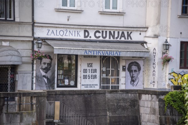 Façade of a second-hand bookshop in the old town of Ljubljana, Slovenia