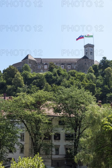 Ljubljana Castle towers over the city on a wooded hill, Ljubljana, Slovenia