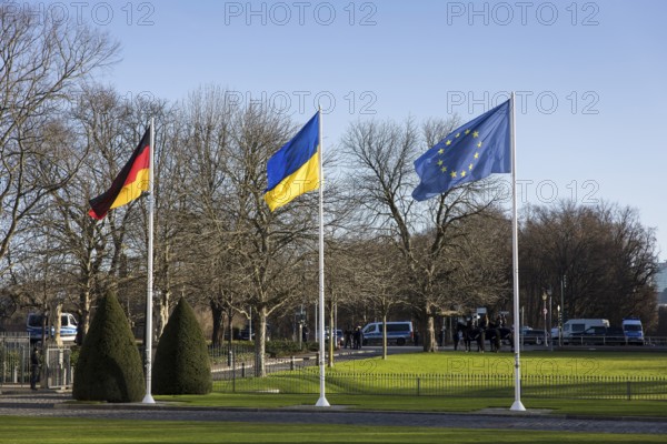 Flags of the Federal Republic of Germany, Ukraine and the European Union during the visit of Volodymyr Selensky (President of Ukraine) to Frank-Walter Steinmeier (President of the Federal Republic of Germany) at Bellevue Palace, 15 December 2025