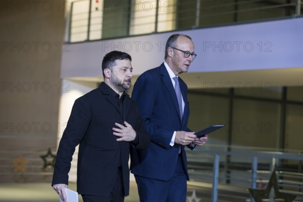 Volodymyr Zelensky (President of Ukraine) and Friedrich Merz (Chancellor of the Federal Republic of Germany) on their way to the press conference at the Federal Chancellery after the 8th German-Ukrainian Economic Forum, 15 August 2025