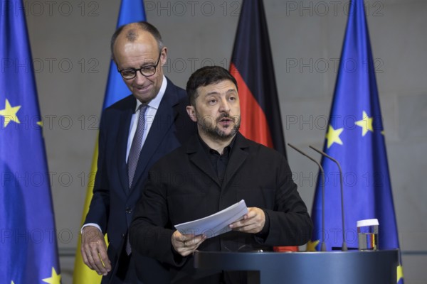 Volodymyr Zelensky (President of Ukraine) and Friedrich Merz (Chancellor of the Federal Republic of Germany) leave the press conference at the Federal Chancellery after the 8th German-Ukrainian Economic Forum, 15.08.2025