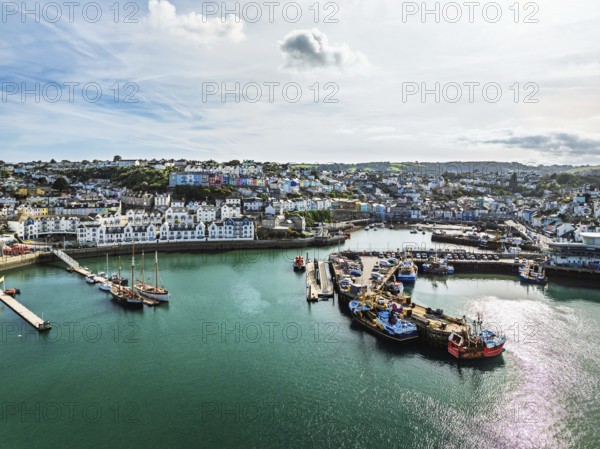 Brixham Hourbour and Brixham Marina from a drone, Brixham, Torbay, Devon, England, United Kingdom