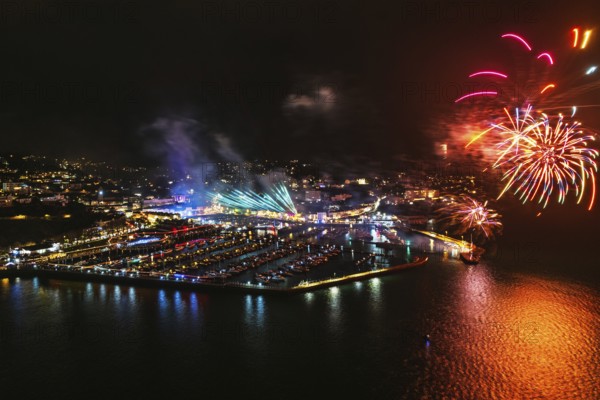 Bay of Lights Illumination Trail Fireworks over Torquay Horbour from a drone, Torbay, Devon, England, United Kingdom