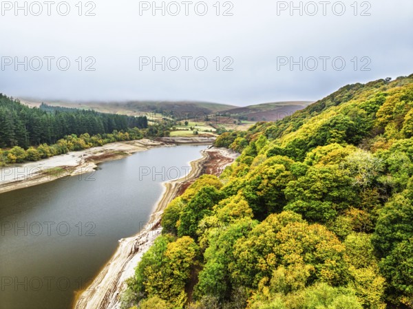 Pen y Garreg Dam and Reservoir from a drone, Elan Valley, Rhayader, Powys, Wales, UK