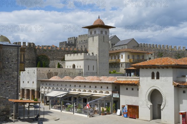 Castle complex with tower-like building and Mediterranean elements in front of a stone wall, Rabati Fortress, Akhaltsikhe, Samtskhe-Javakheti region, Samtskhe-Javakheti, Georgia