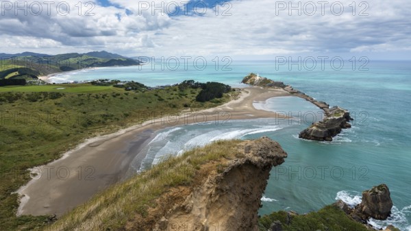 Deliverance Cove and Castlepoint Lighthouse, Castle Rock views, rocks, ocean. Castlepoint, Wairarapa Coast, Wellington Region, North Island, New Zealand