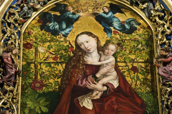 Famous medieval painting, Madonna in the Garden of Roses, by Martin Schongauer, Dominican Church, Église des Dominicains, Colmar, Haut-Rhin Department, Alsace, France