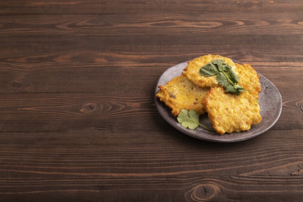 Fried crispy Chicken pancakes on brown wooden background. side view, copy space