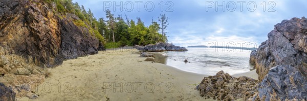 Breathtaking panorama of mackenzie beach in tofino, vancouver island, highlighting the rugged pacific northwest coastline with rocky formations, sandy shore, and lush forest