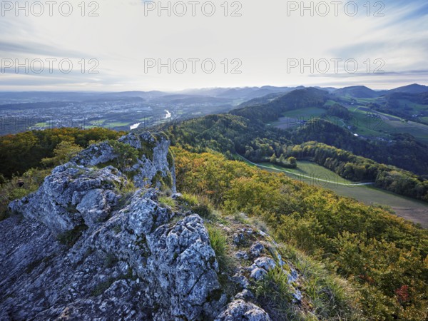 View from the Gisliflue of an autumnal forest with the Jura foothills behind, Talheim, Canton, Aargau, Switzerland