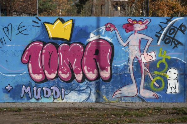 Graffiti with Paulchen Panther in the schoolyard of a secondary school, Röthebach, Middle Franconia, Bavaria, Germany