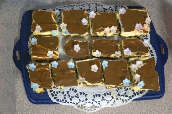 Tiramisu decorated on a tray, Bavaria, Germany