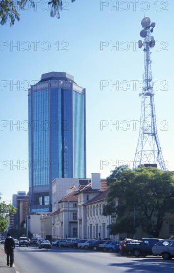 High-rise building and television tower in the city center of Harare, Zimbabwe, Africa, June 2000, vintage, retro, old, historic
